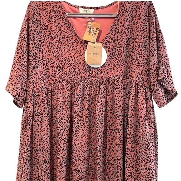 Umgee Pink Leopard Print Babydoll Mini Dress Tunic V-Neck Short Sleeve M NEW - Picture 2 of 9